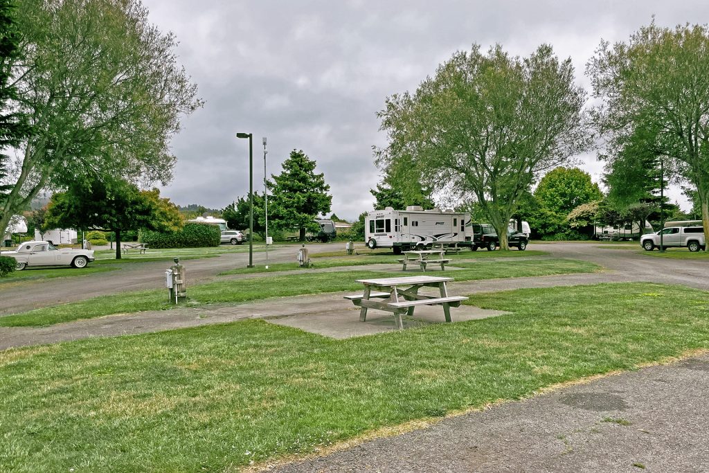 RVs parked behind picnic table in large grassy area